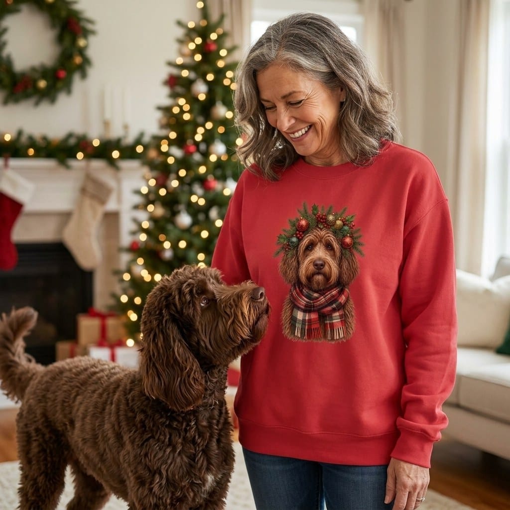 Chocolate Goldendoodle Holiday Crown Sweatshirt in by Puppy Jo