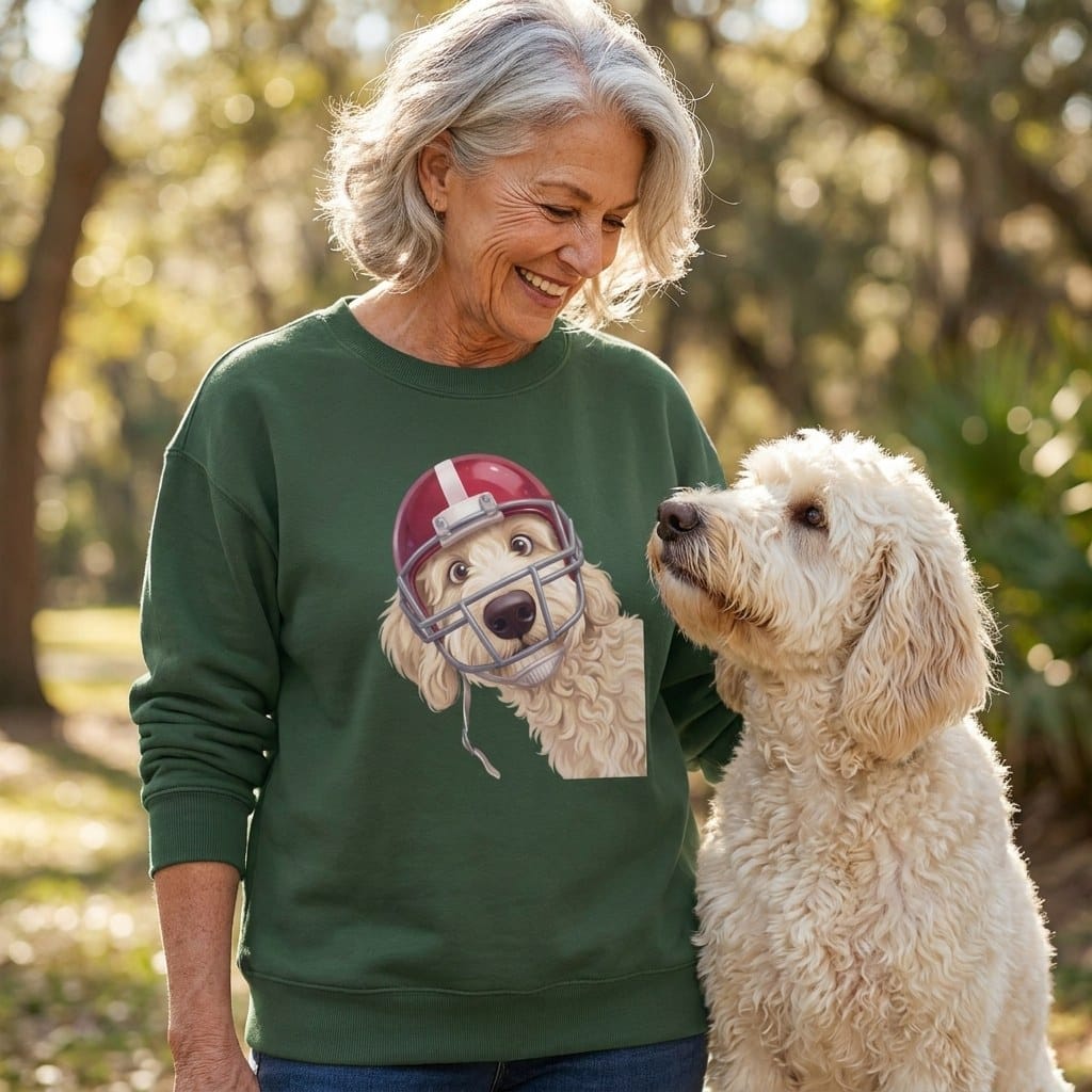Cream Goldendoodle Football Helmet Sweatshirt in by Puppy Jo