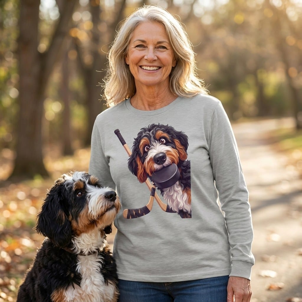 Bernedoodle Hockey Long Sleeve T-Shirt in by Puppy Jo