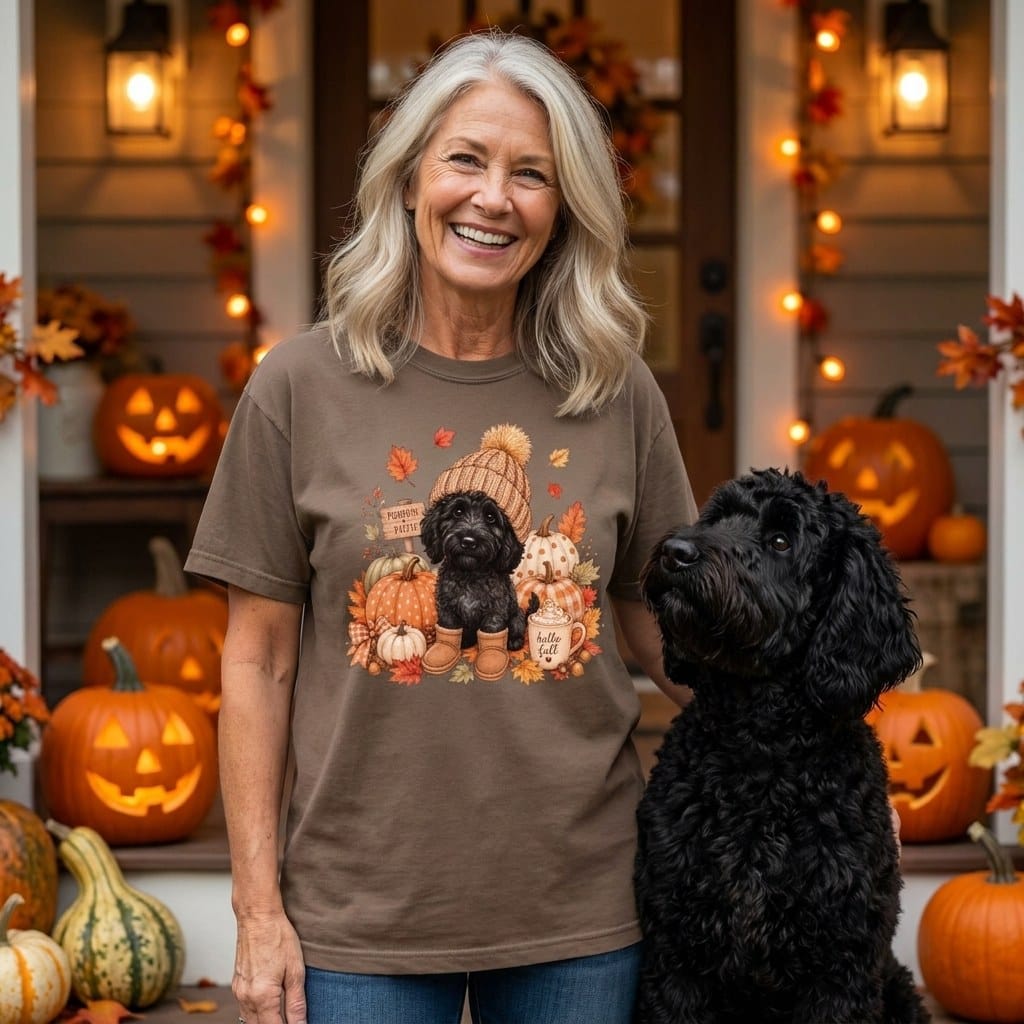 Black Goldendoodle Pumpkin Patch Signature T-Shirt in by Puppy Jo