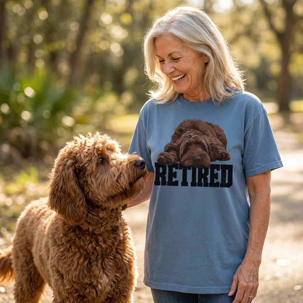Retired Sleeping Chocolate Goldendoodle Signature T-Shirt in by Puppy Jo