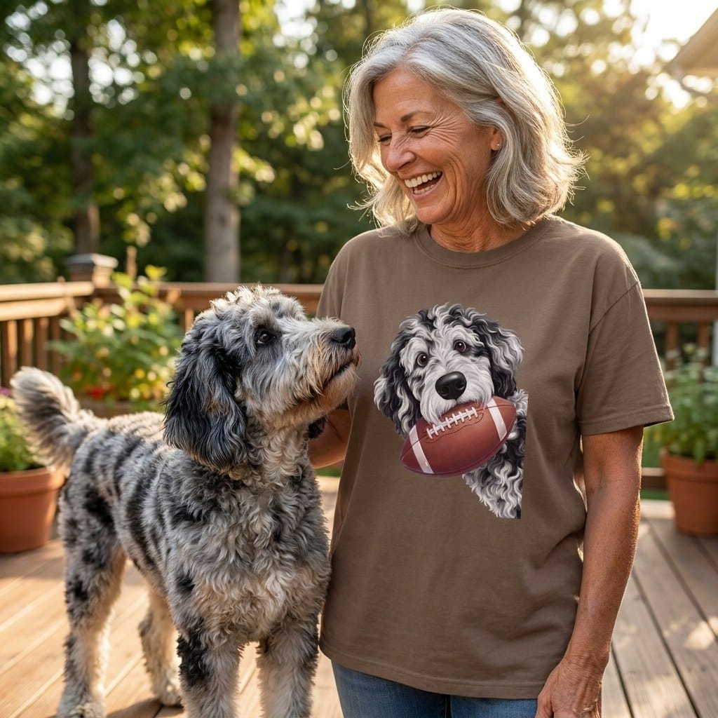 Merle Goldendoodle Football Signature T-Shirt in by Puppy Jo