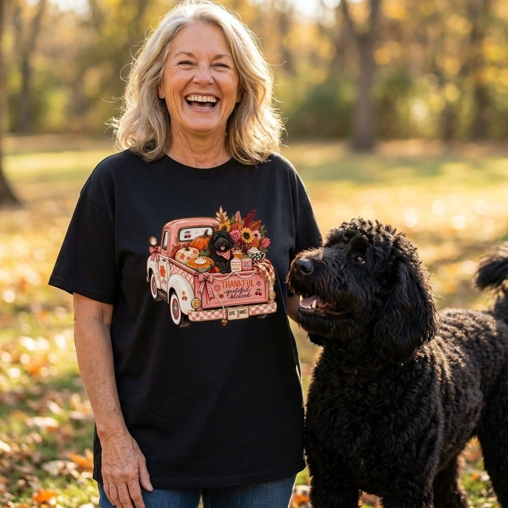 Black Goldendoodle Fall Truck Signature T-Shirt in by Puppy Jo