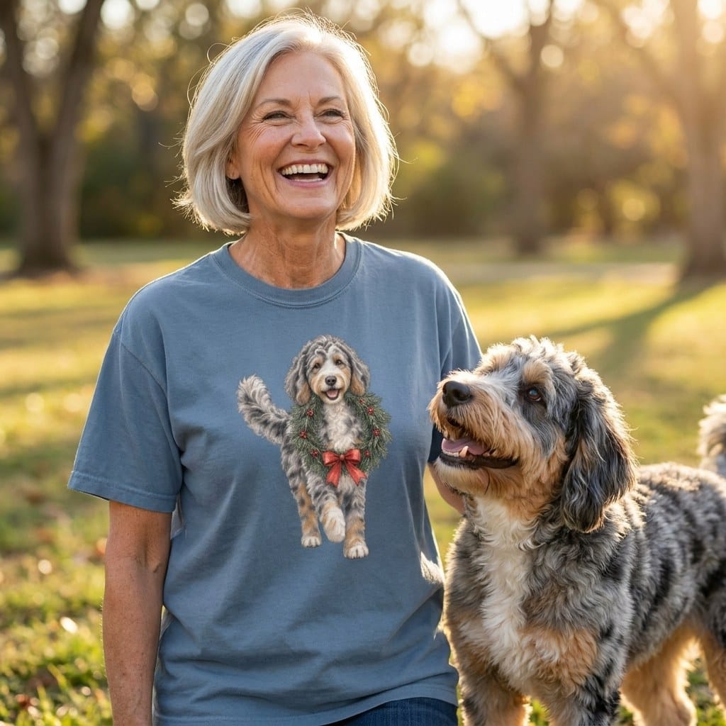 Aussiedoodle Wreath Signature T-Shirt in by Puppy Jo