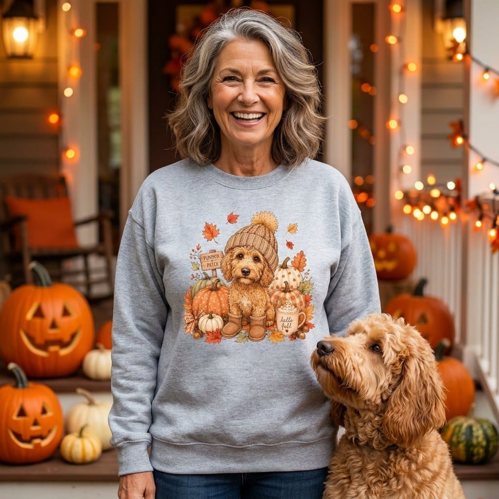 Apricot Goldendoodle Pumpkin Patch Sweatshirt in by Puppy Jo