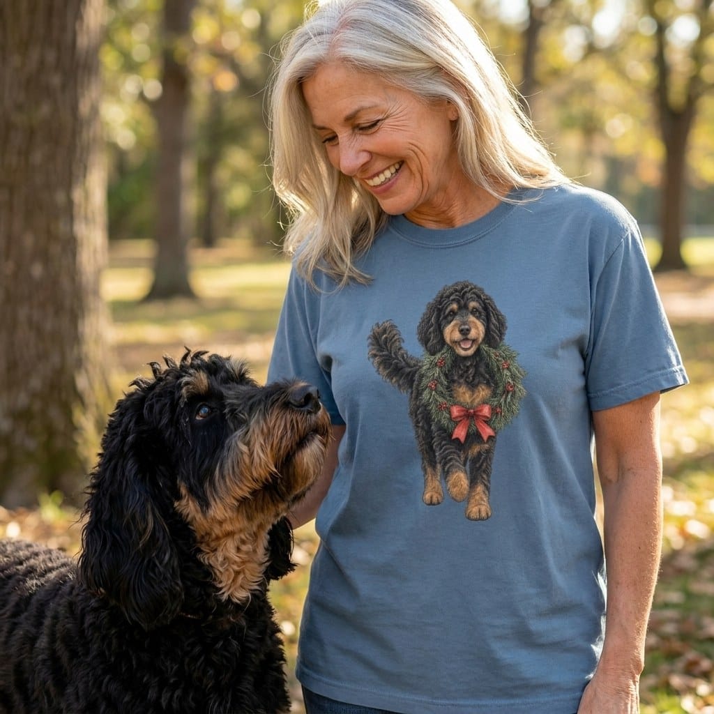 Phantom Goldendoodle Wreath Signature T-Shirt in by Puppy Jo