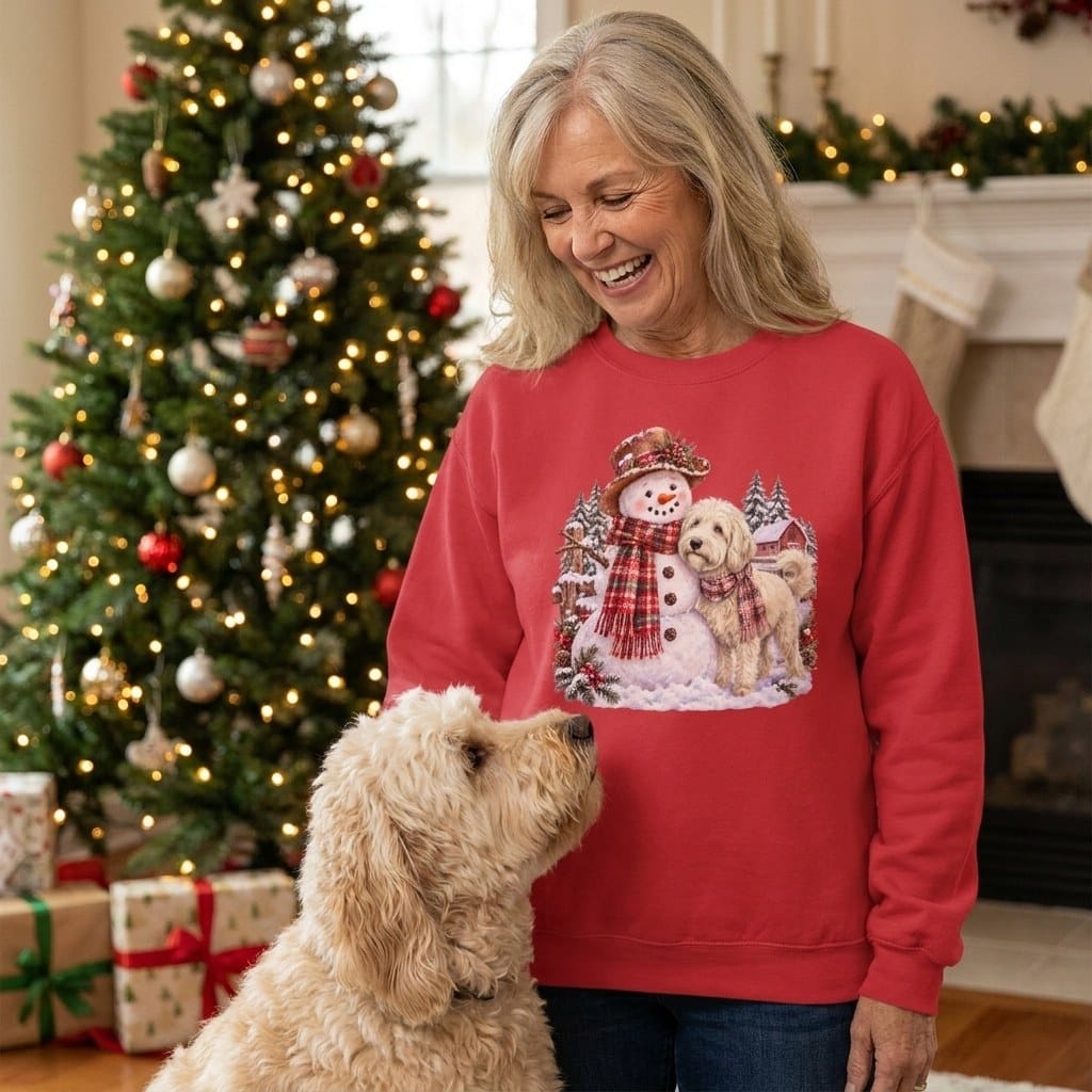 Cream Goldendoodle Christmas Snowman Sweatshirt in by Puppy Jo