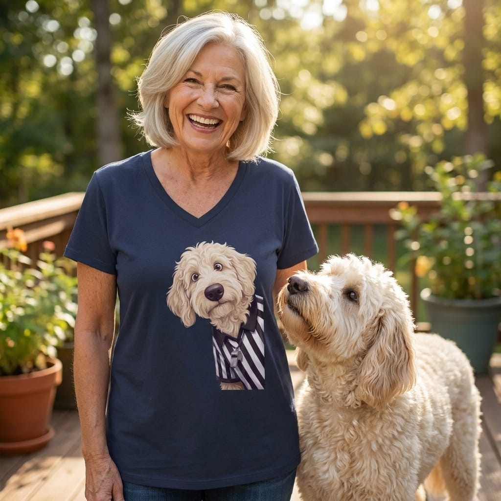 Cream Goldendoodle Football Referee V-Neck T-Shirt in by Puppy Jo