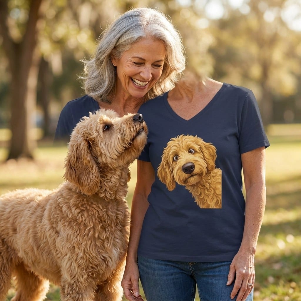 Funny Peeking Golden Goldendoodle V-Neck T-Shirt in by Puppy Jo