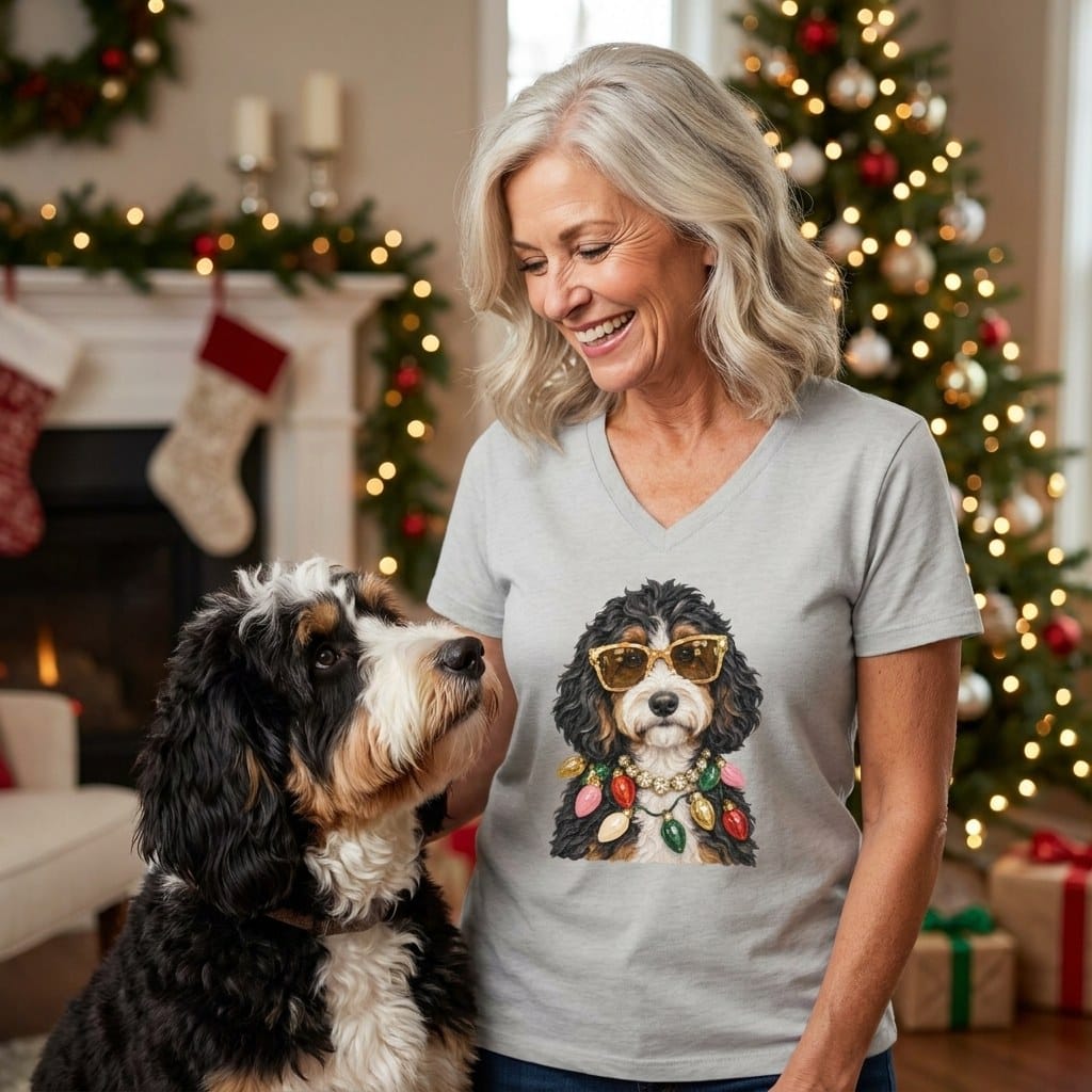 Bernedoodle Christmas Glam V-Neck T-Shirt in by Puppy Jo