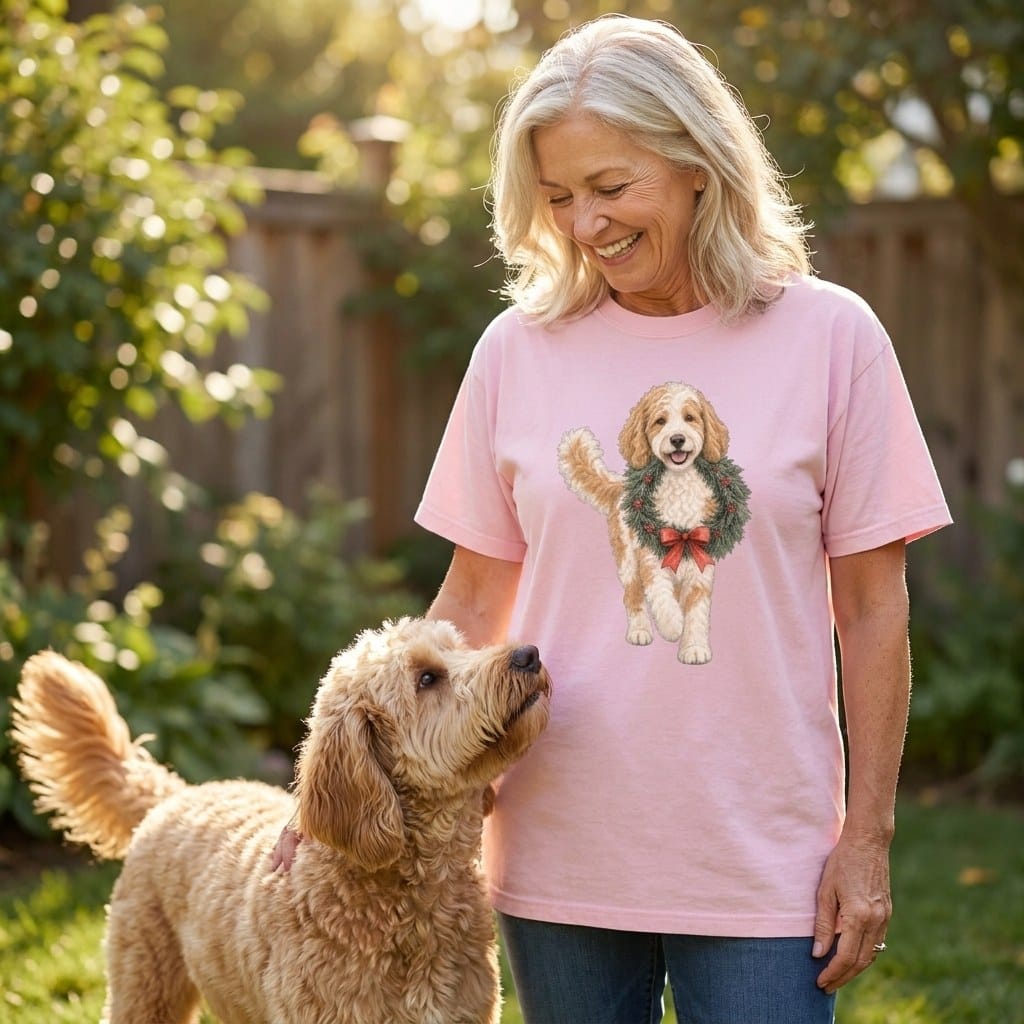 Parti Goldendoodle Wreath Signature T-Shirt in by Puppy Jo