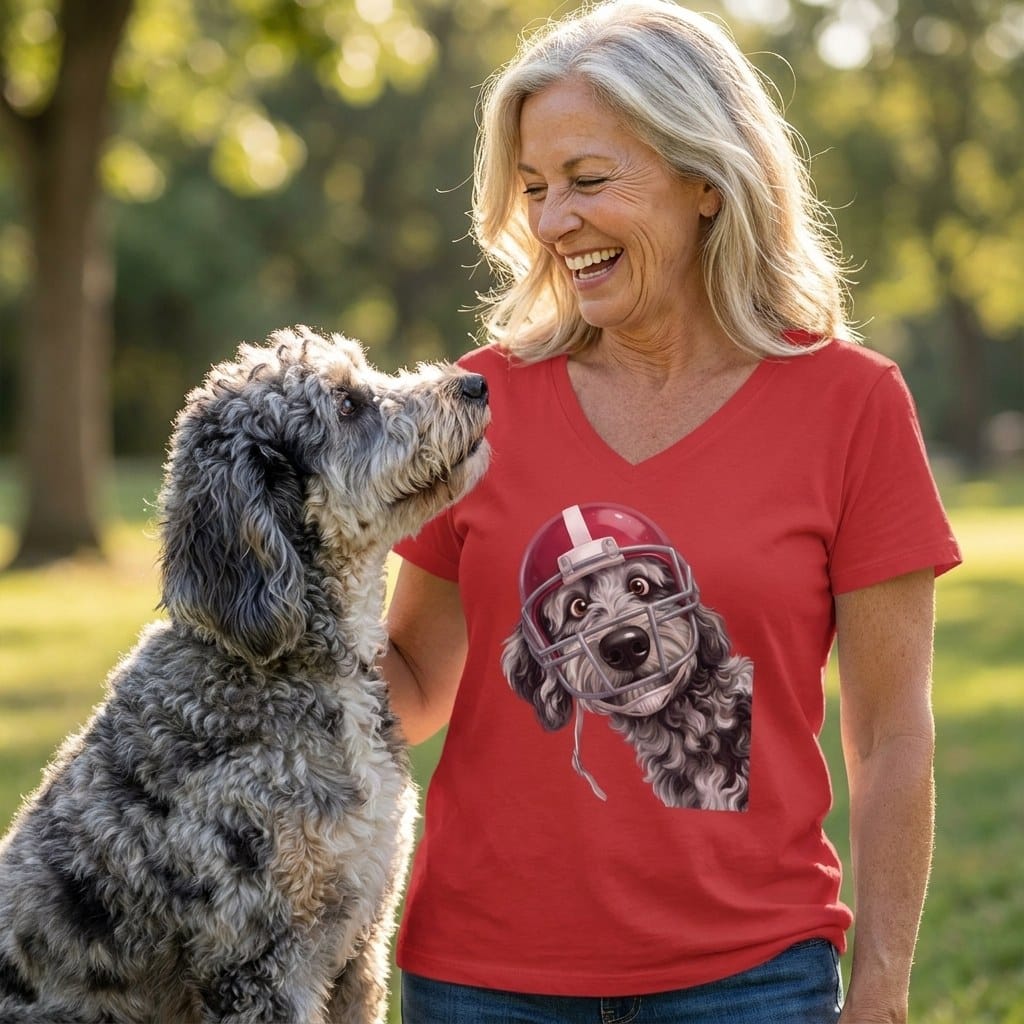 Merle Goldendoodle Football Helmet V-Neck T-Shirt in by Puppy Jo