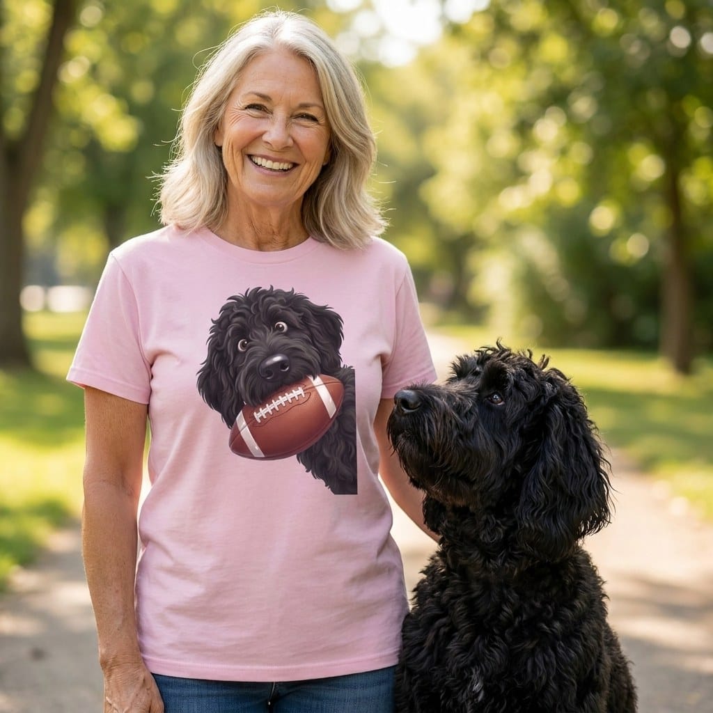 Black Goldendoodle Football Signature T-Shirt in by Puppy Jo
