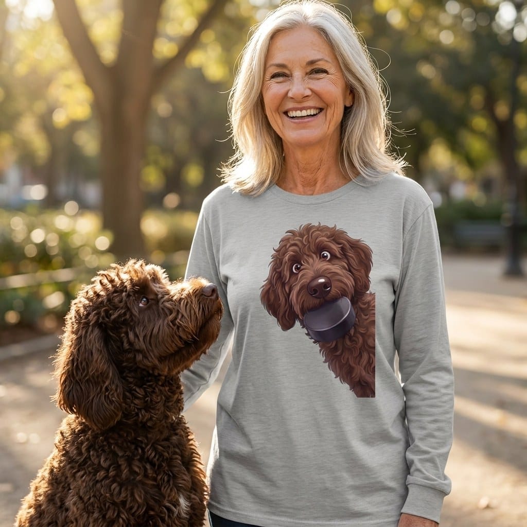 Chocolate Goldendoodle Hockey Puck Long Sleeve T-Shirt in by Puppy Jo