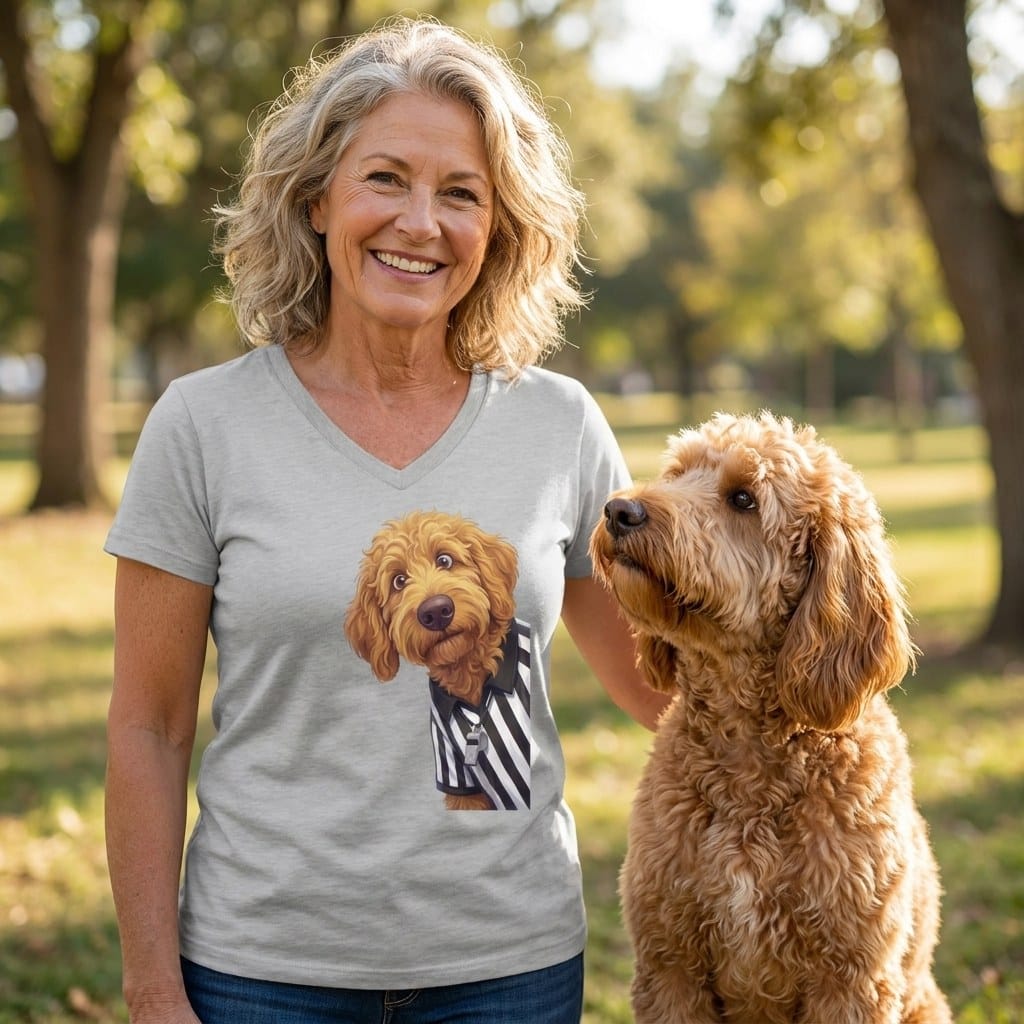 Apricot Goldendoodle Football Referee V-Neck T-Shirt in by Puppy Jo