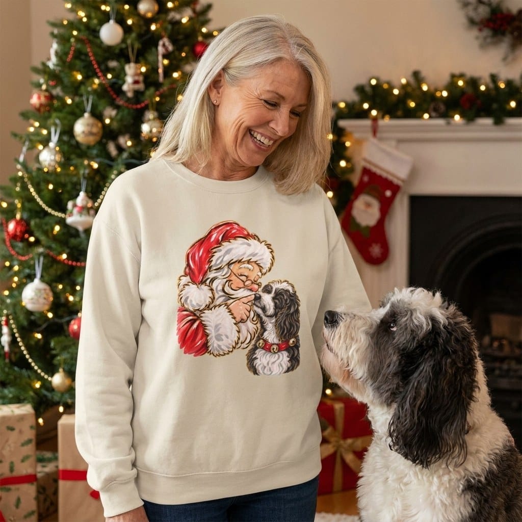 Sheepadoodle Santa Kiss Sweatshirt in by Puppy Jo