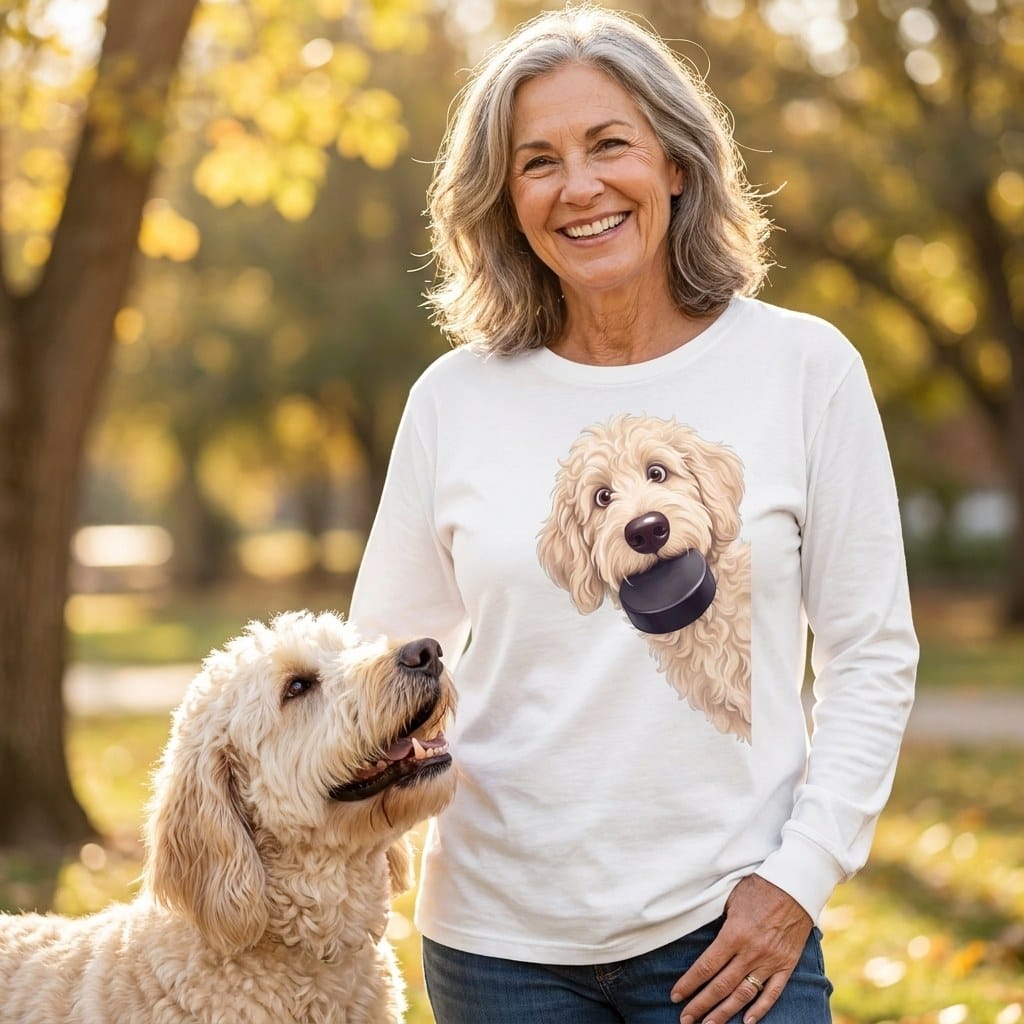 Cream Goldendoodle Hockey Puck Long Sleeve T-Shirt in by Puppy Jo