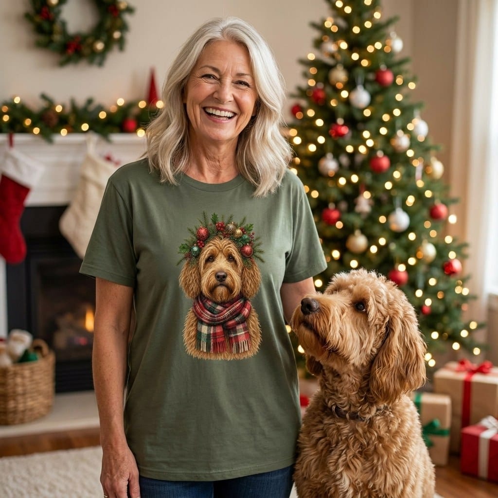 Golden Goldendoodle Holiday Crown T-Shirt in by Puppy Jo