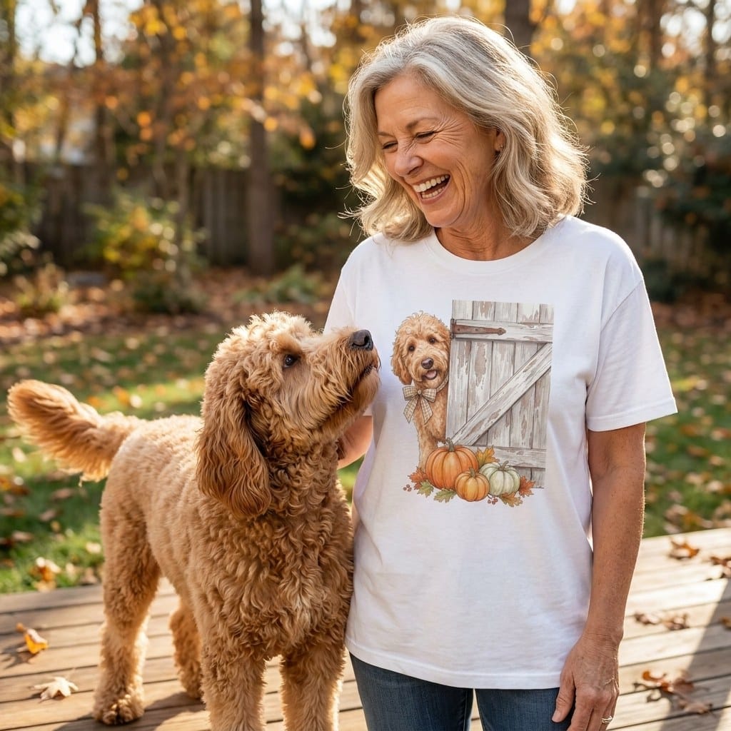 Apricot Goldendoodle Barn Peeking T-Shirt in by Puppy Jo