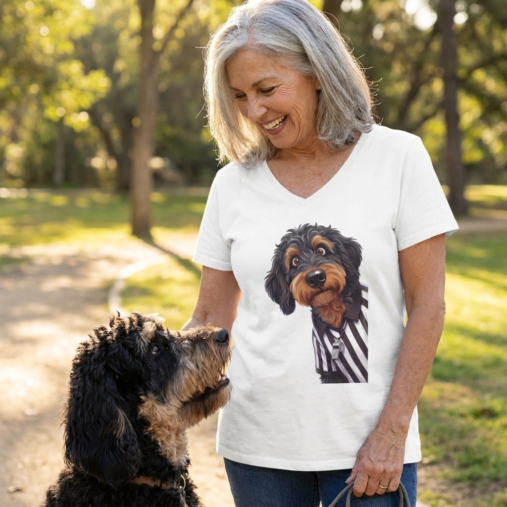 Phantom Goldendoodle Football Referee V-Neck T-Shirt in by Puppy Jo