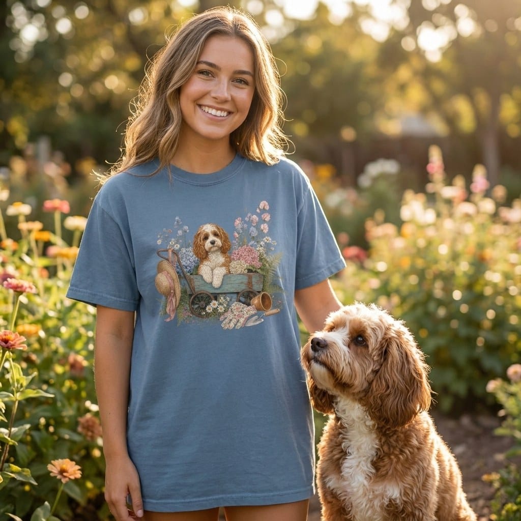 Cavapoo Floral Wagon Signature T-Shirt in by Puppy Jo