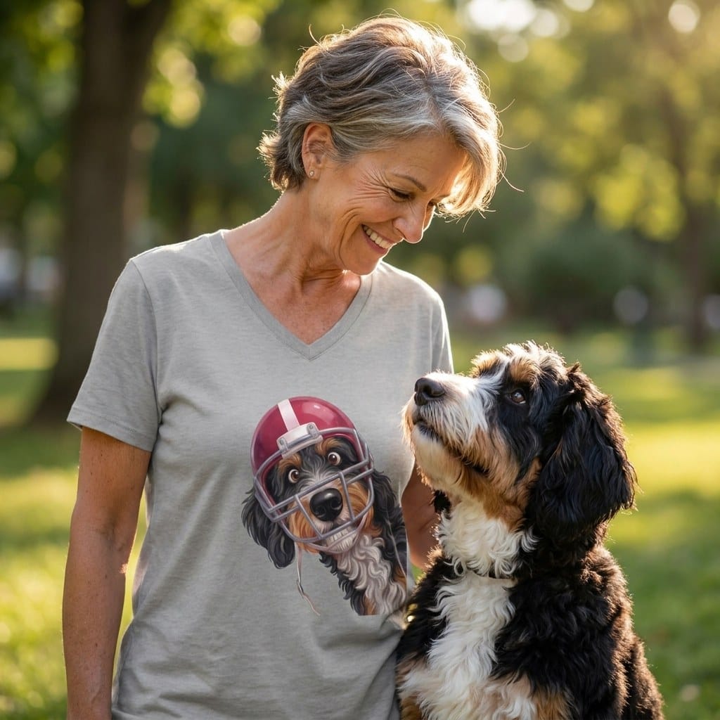 Bernedoodle Football Helmet V-Neck T-Shirt in by Puppy Jo
