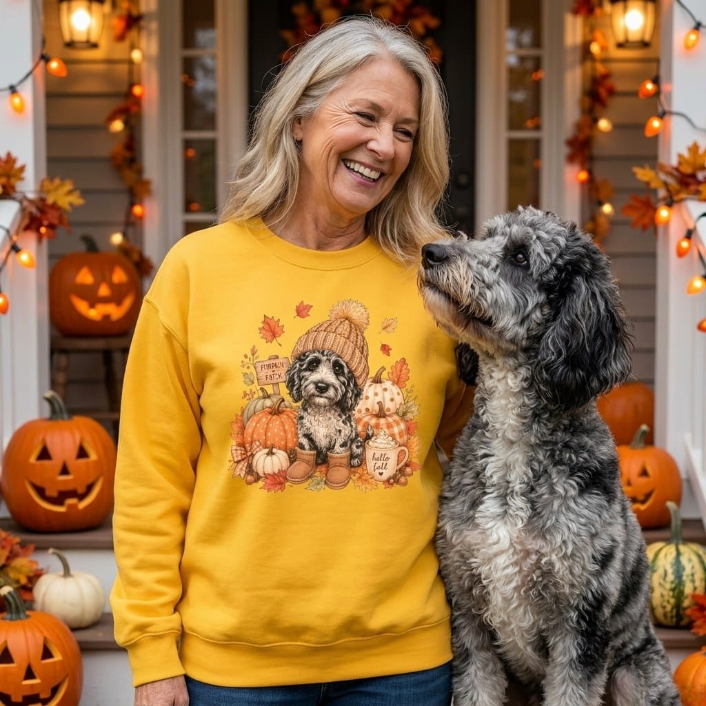 Merle Goldendoodle Pumpkin Patch Sweatshirt in by Puppy Jo