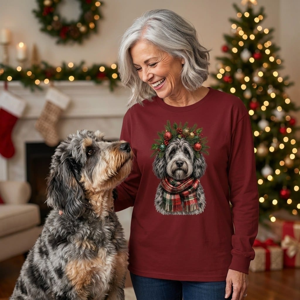 Merle Goldendoodle Holiday Crown Long Sleeve T-Shirt in by MyDesigns