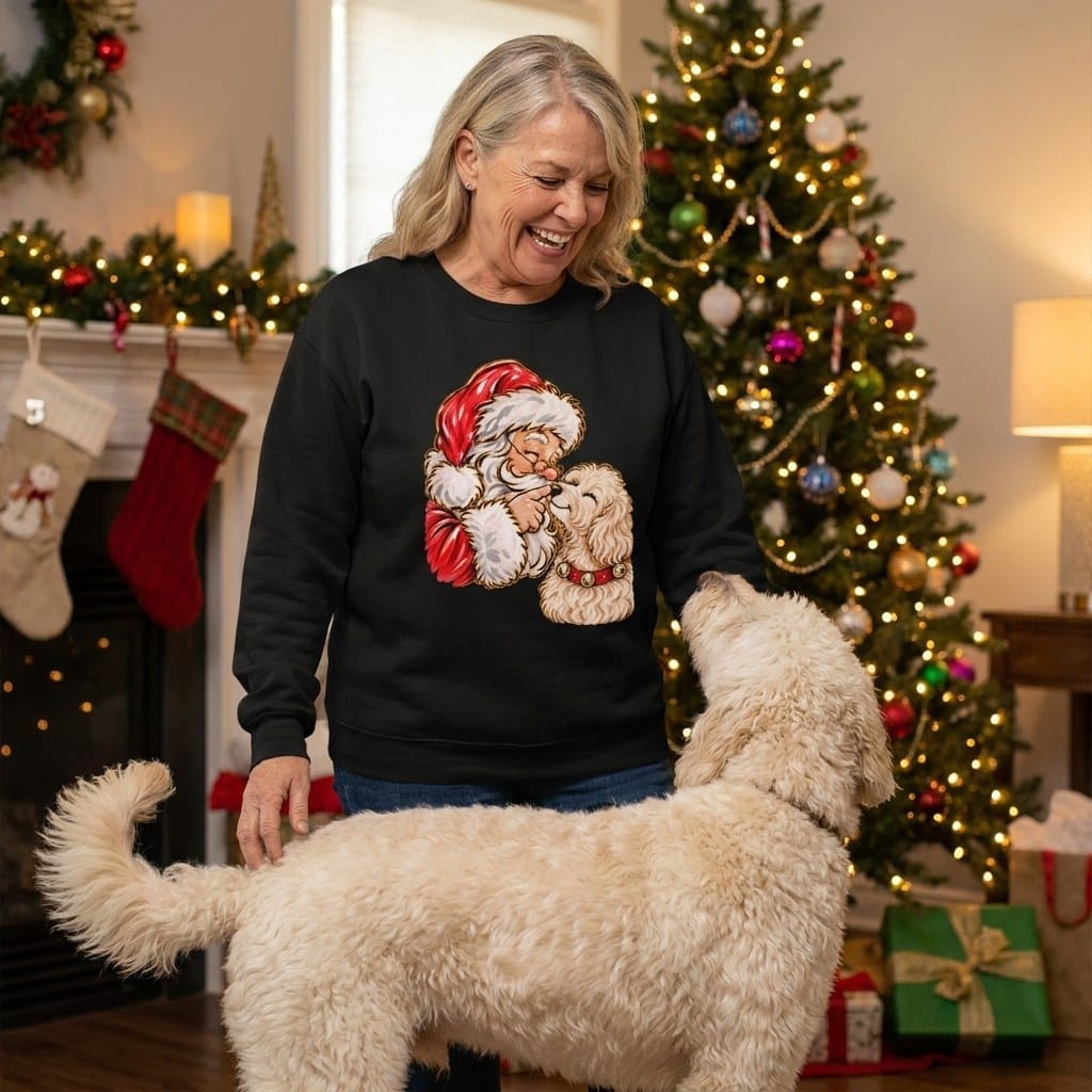 Cream Goldendoodle Santa Kiss Sweatshirt in by Puppy Jo