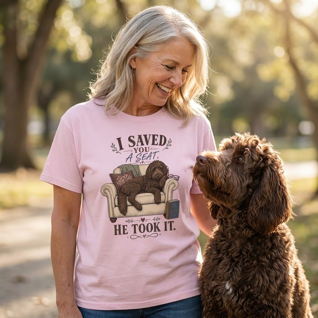 Chocolate Goldendoodle Seat Signature T-Shirt in by Puppy Jo