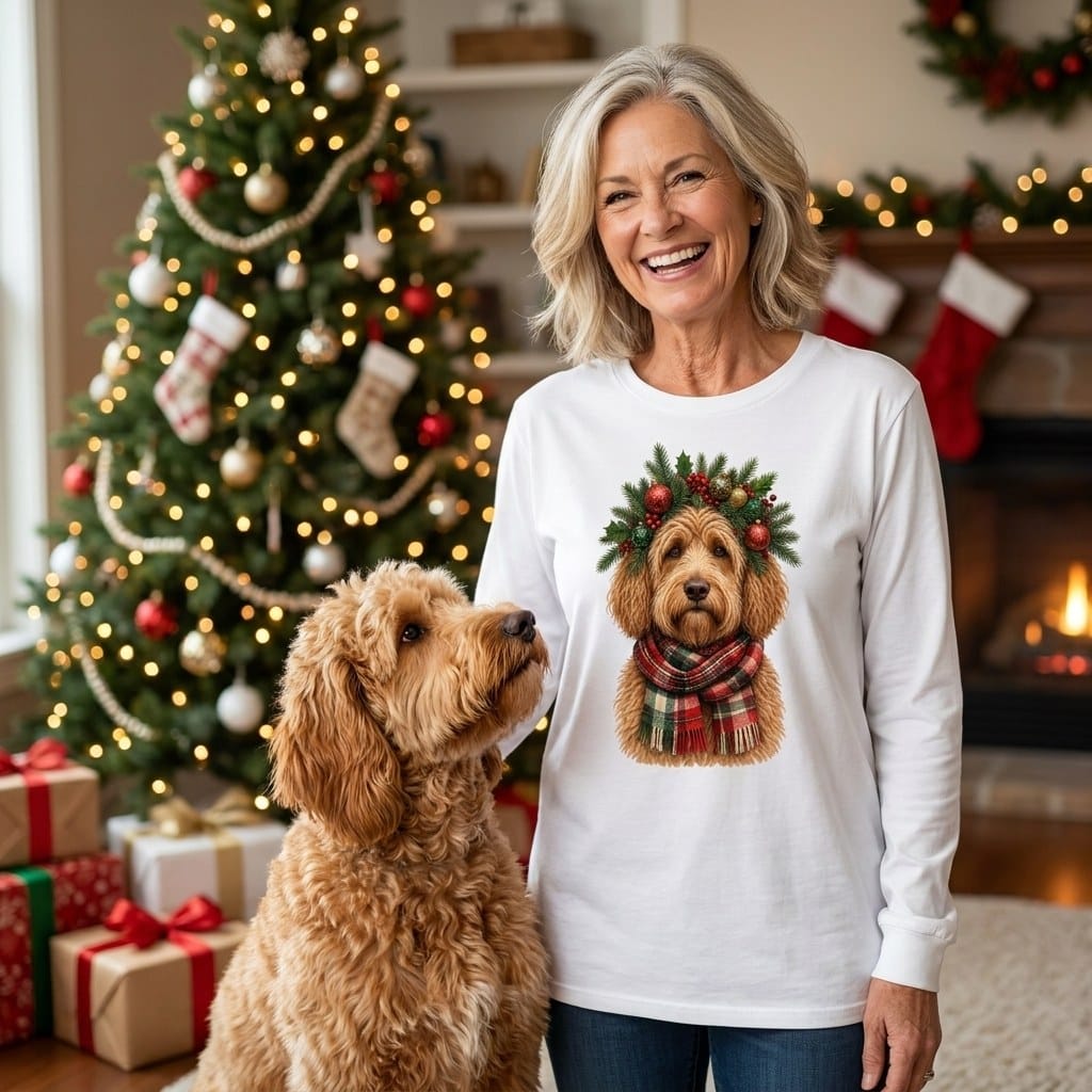 Apricot Goldendoodle Holiday Crown Long Sleeve T-Shirt in by MyDesigns