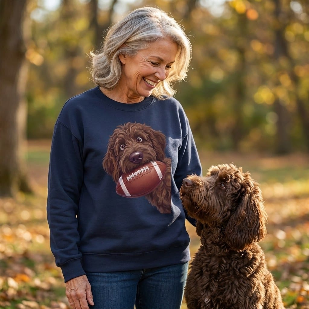 Chocolate Goldendoodle Football Sweatshirt in by Puppy Jo