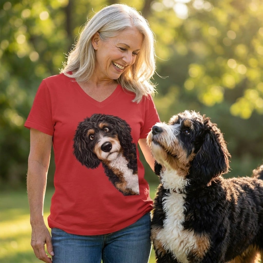 Funny Peeking Bernedoodle V-Neck T-Shirt in by Puppy Jo