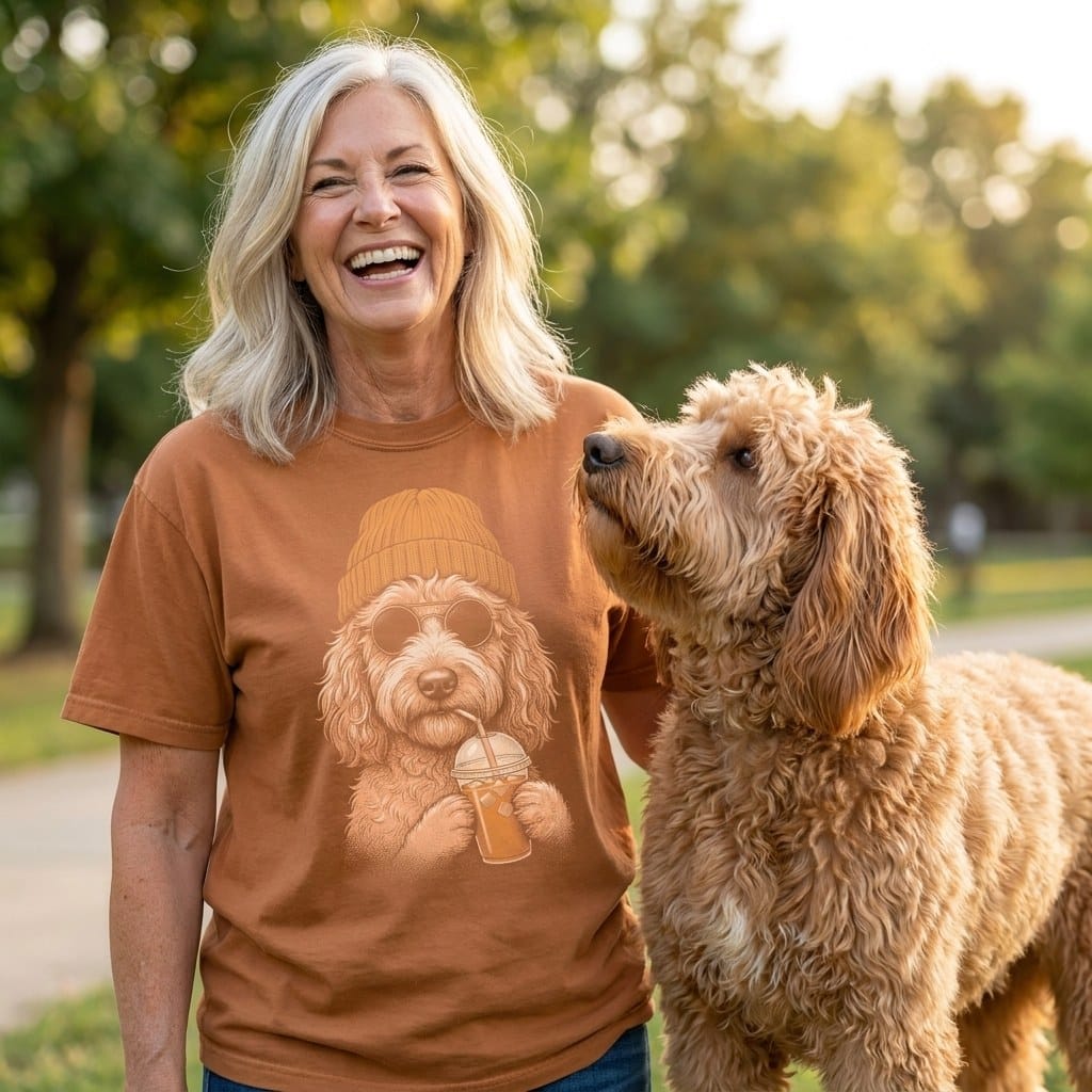 Apricot Goldendoodle Ice Latte Signature T-Shirt in by Puppy Jo