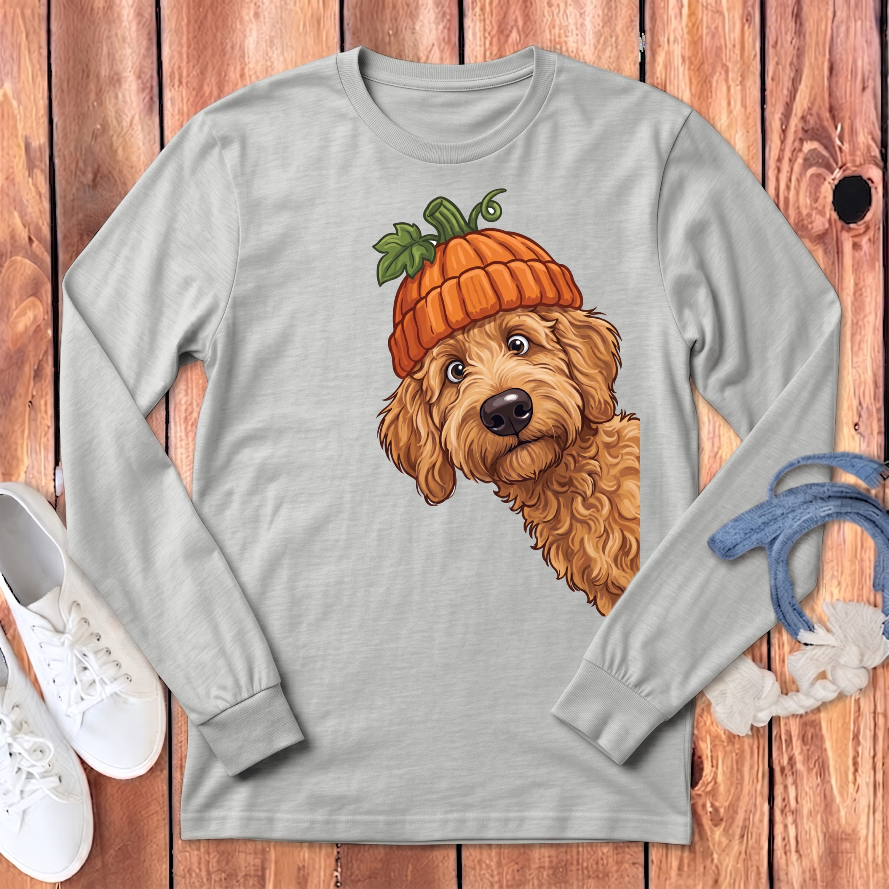 Lil Pumpkin Apricot Goldendoodle Long Sleeve T-Shirt in Athletic Heather / M by Puppy Jo