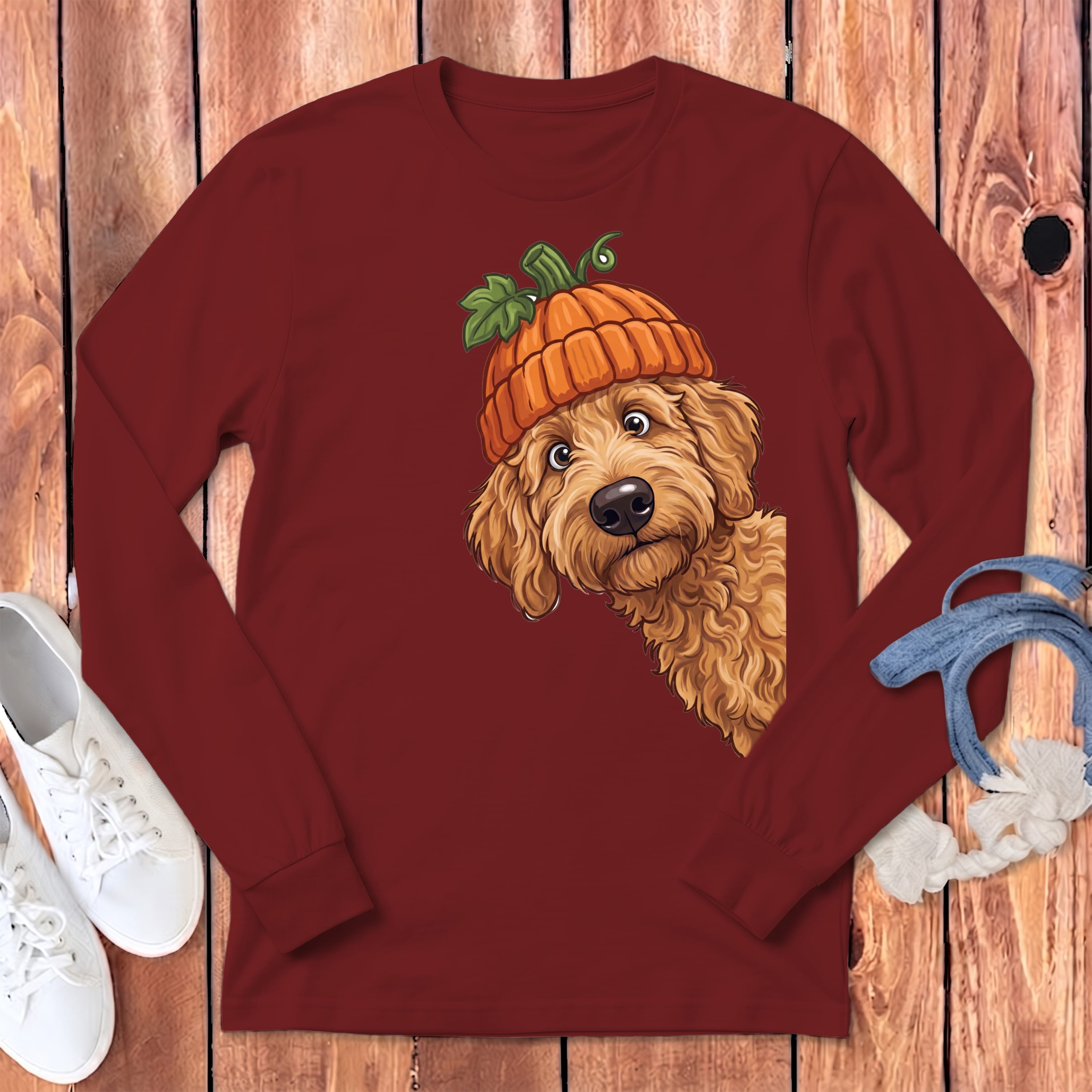 Lil Pumpkin Apricot Goldendoodle Long Sleeve T-Shirt in Cardinal / S by Puppy Jo