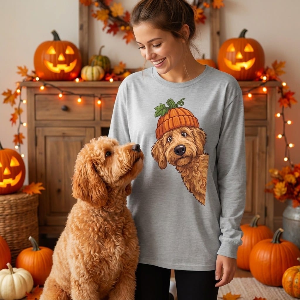 Lil Pumpkin Apricot Goldendoodle Long Sleeve T-Shirt in by Puppy Jo