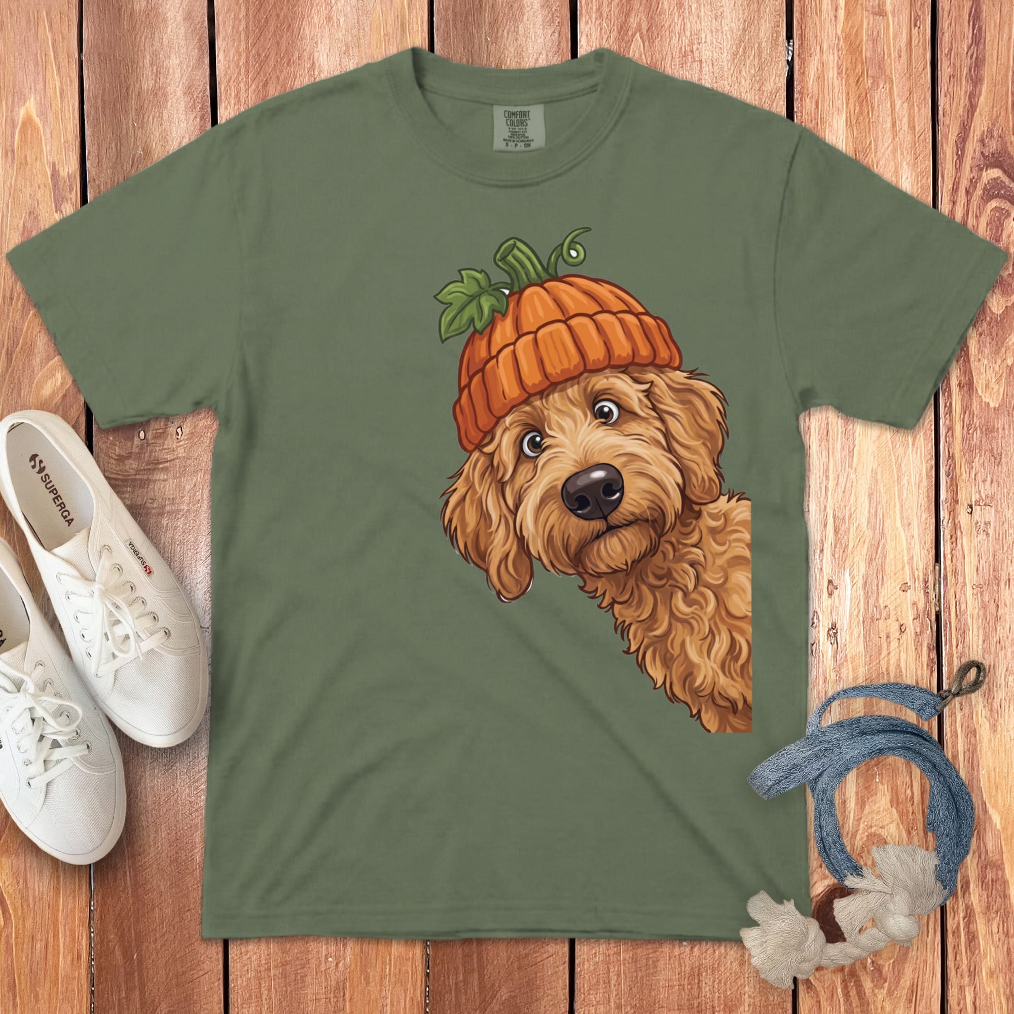 Lil Pumpkin Apricot Goldendoodle Signature T-Shirt in Moss / S / T-Shirts by Puppy Jo