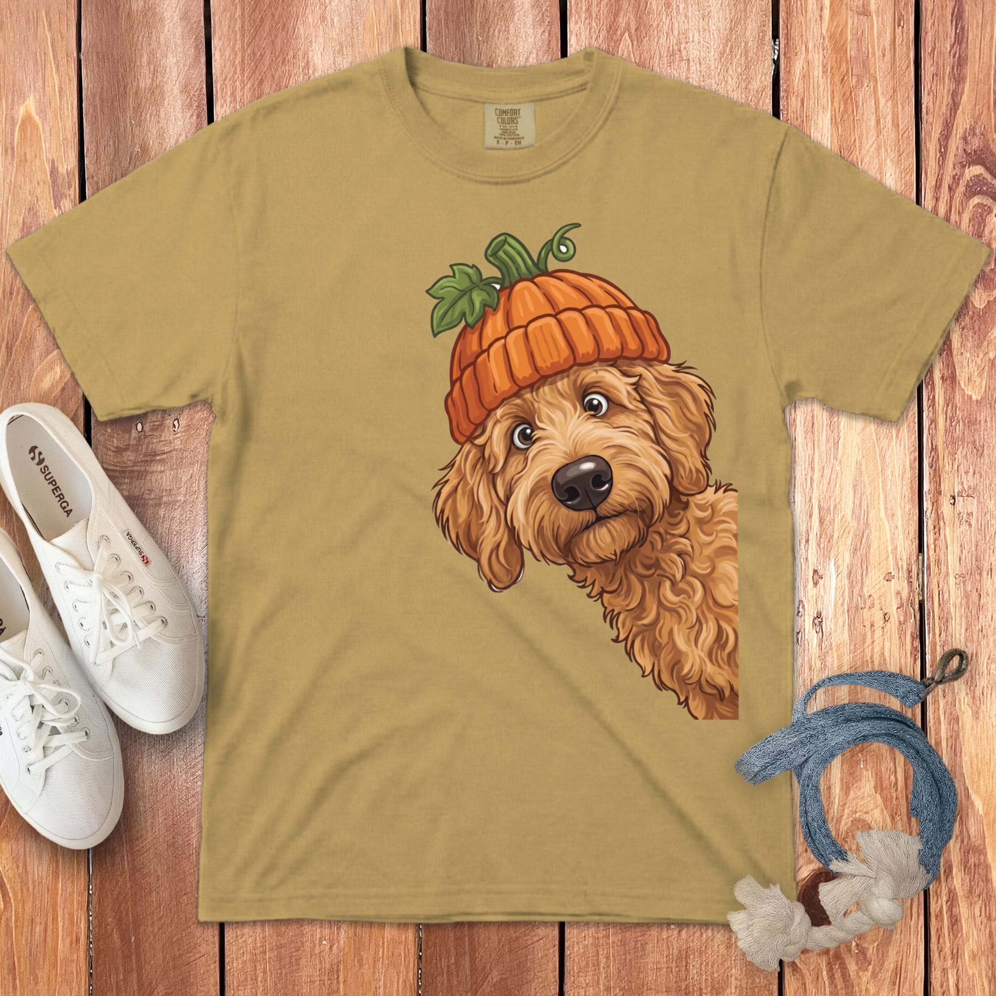 Lil Pumpkin Apricot Goldendoodle Signature T-Shirt in Mustard / S / T-Shirts by Puppy Jo