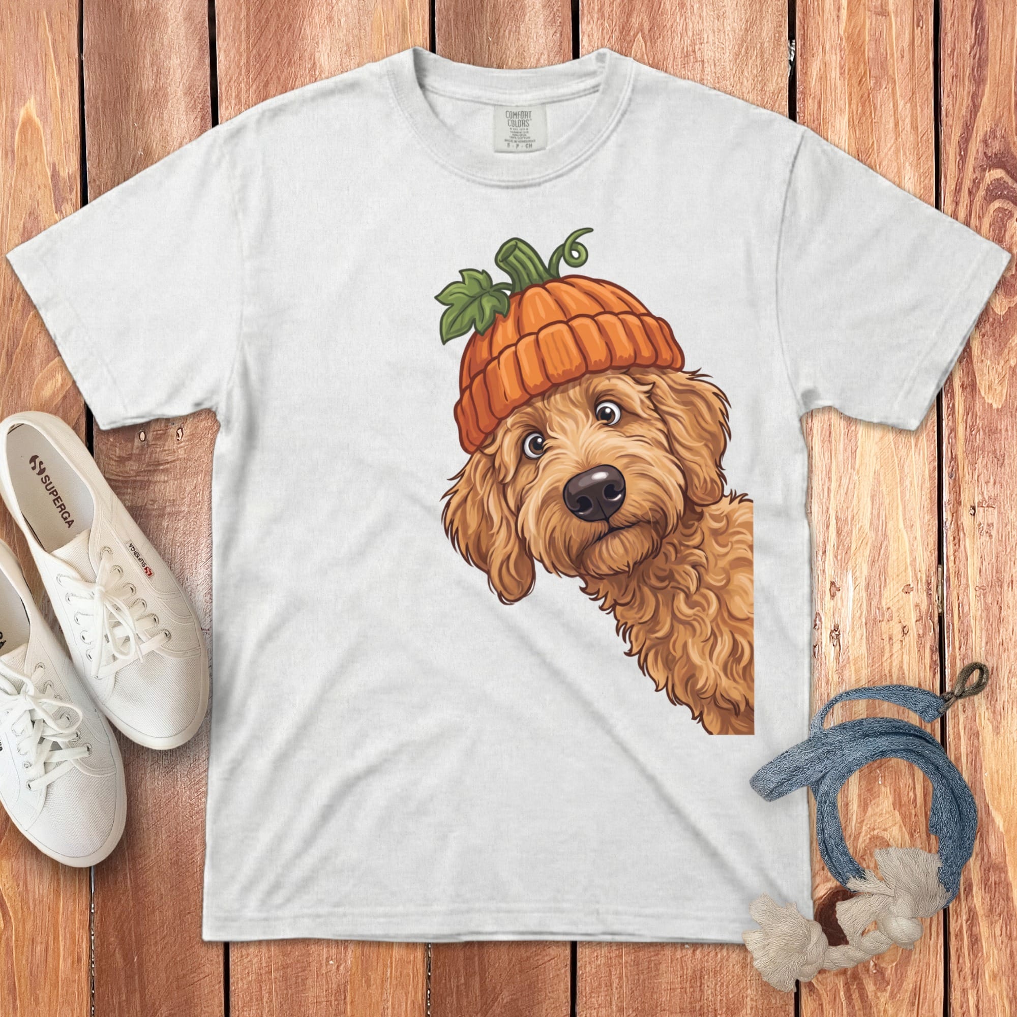 Lil Pumpkin Apricot Goldendoodle Signature T-Shirt in White / S / T-Shirts by Puppy Jo