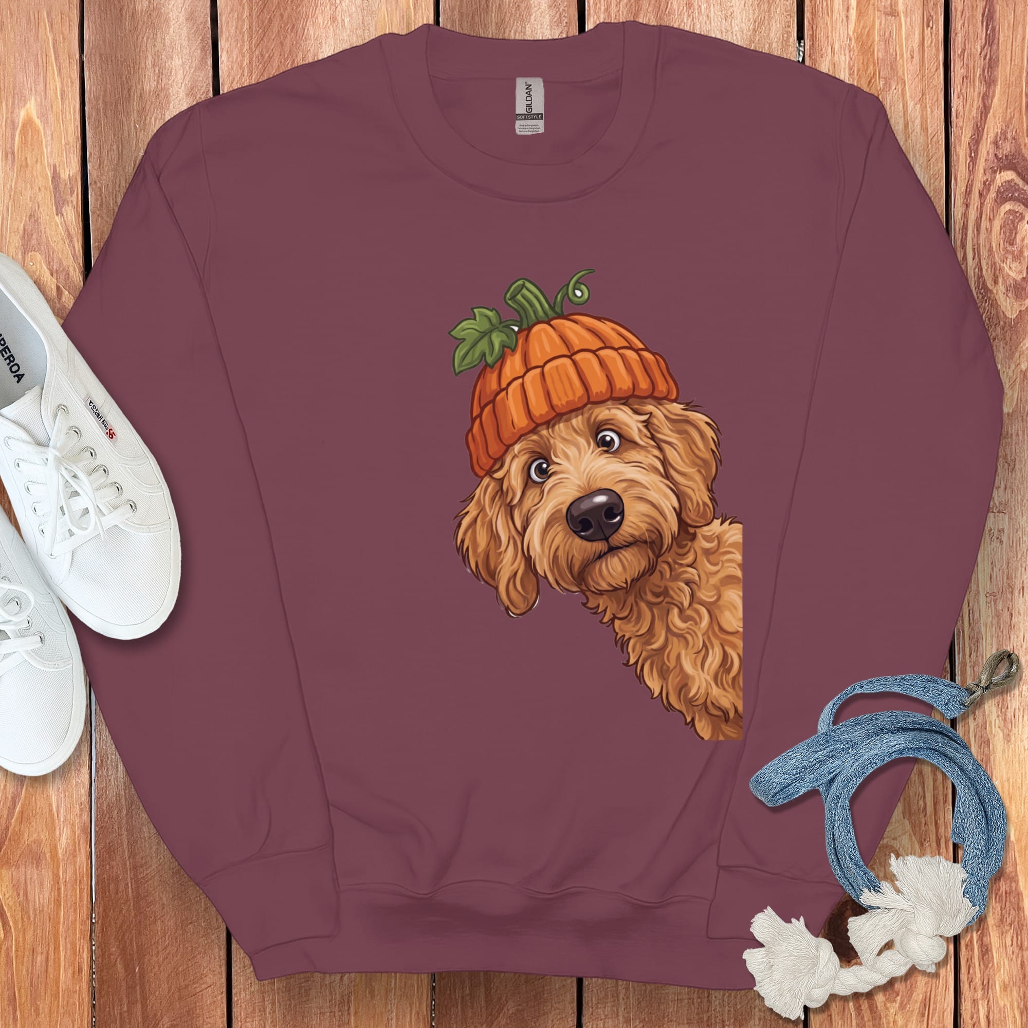 Lil Pumpkin Apricot Goldendoodle Sweatshirt in Maroon / S by Puppy Jo
