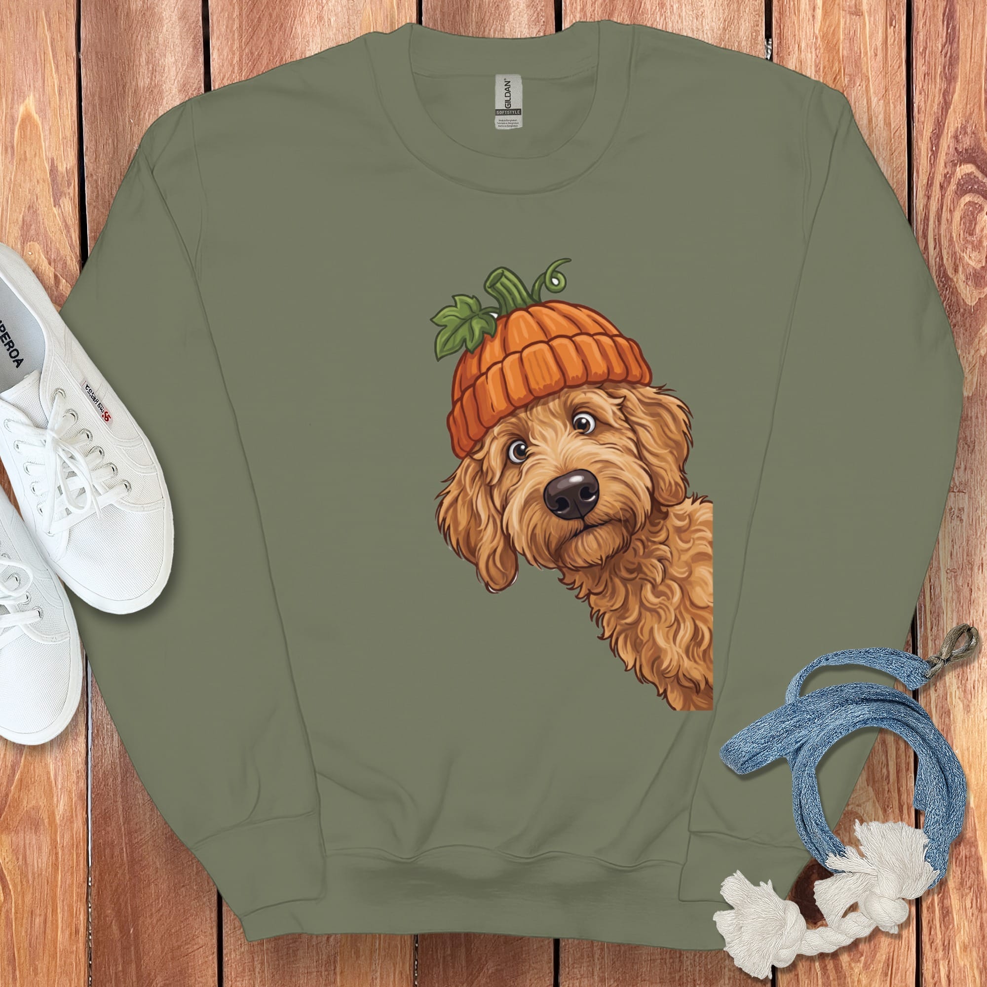 Lil Pumpkin Apricot Goldendoodle Sweatshirt in Military Green / S by Puppy Jo