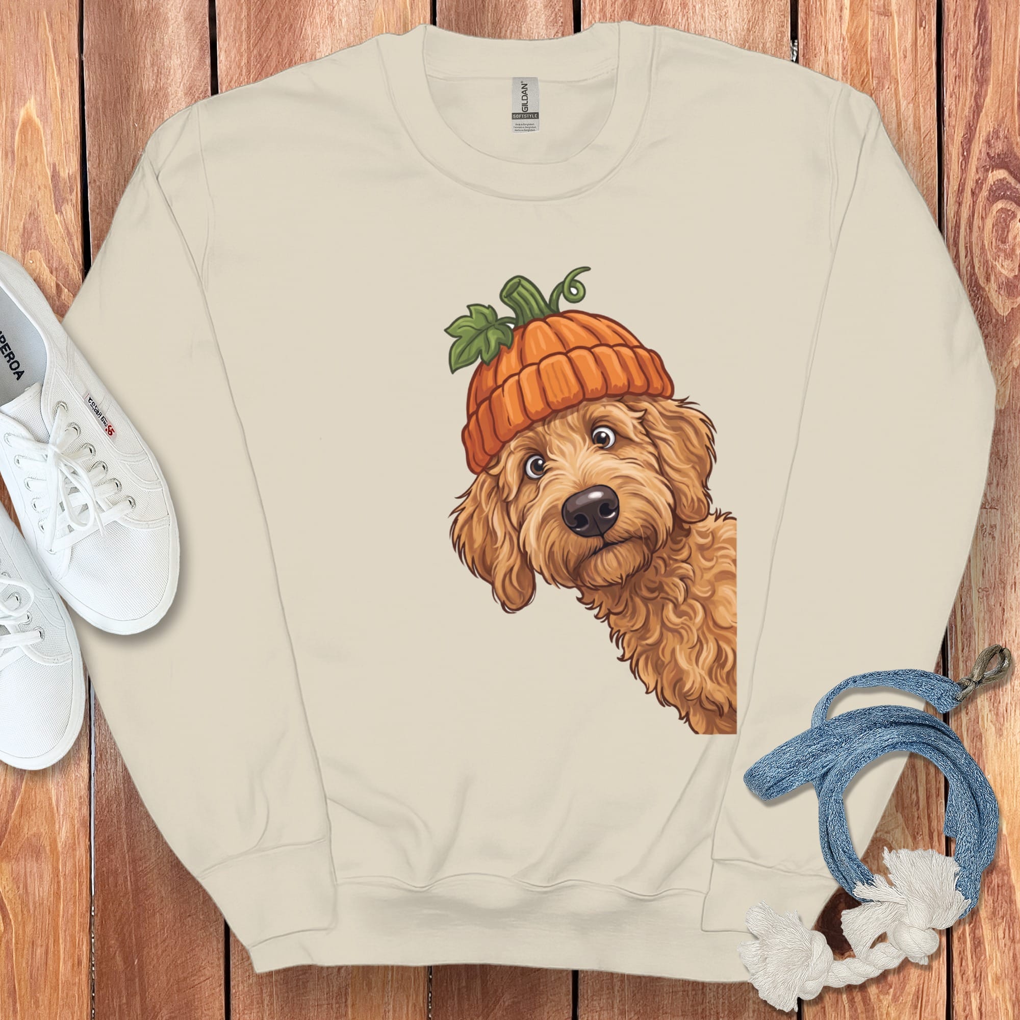 Lil Pumpkin Apricot Goldendoodle Sweatshirt in Sand / S by Puppy Jo