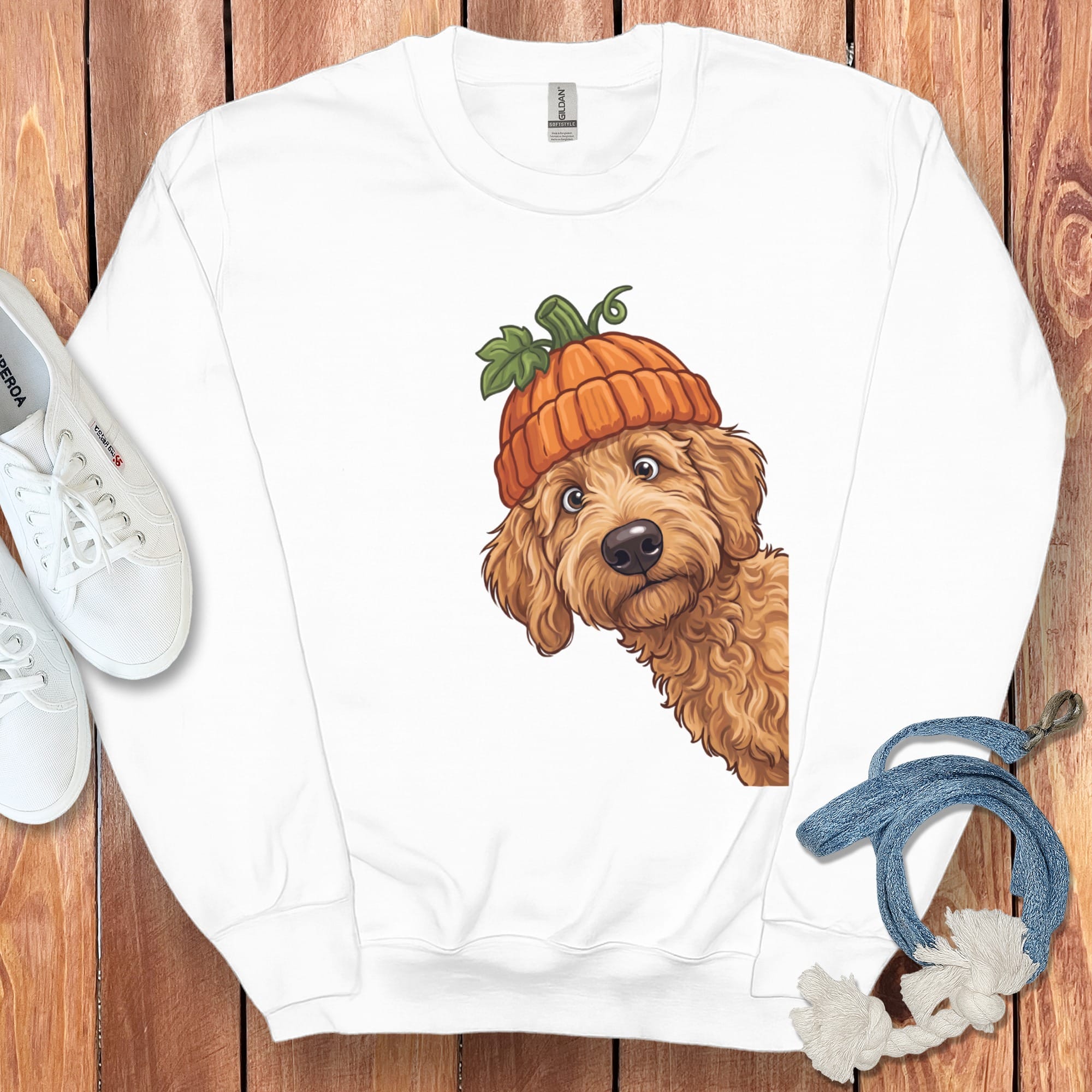 Lil Pumpkin Apricot Goldendoodle Sweatshirt in White / S by Puppy Jo