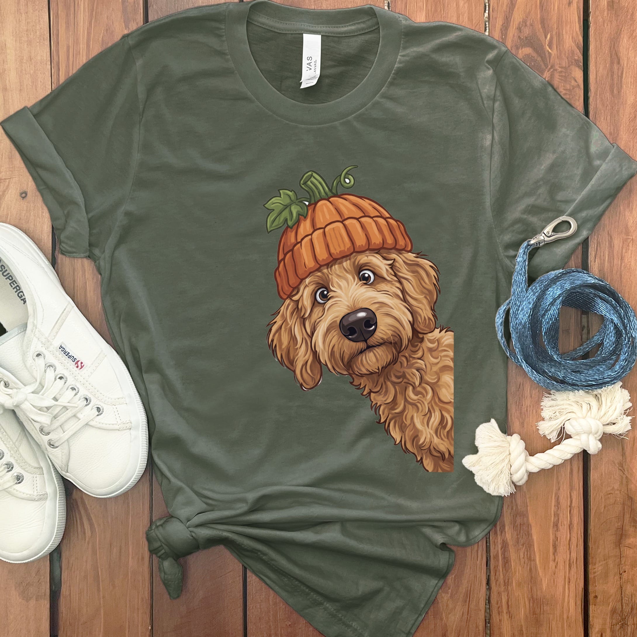 Lil Pumpkin Apricot Goldendoodle T-Shirt in Military Green / S by Puppy Jo