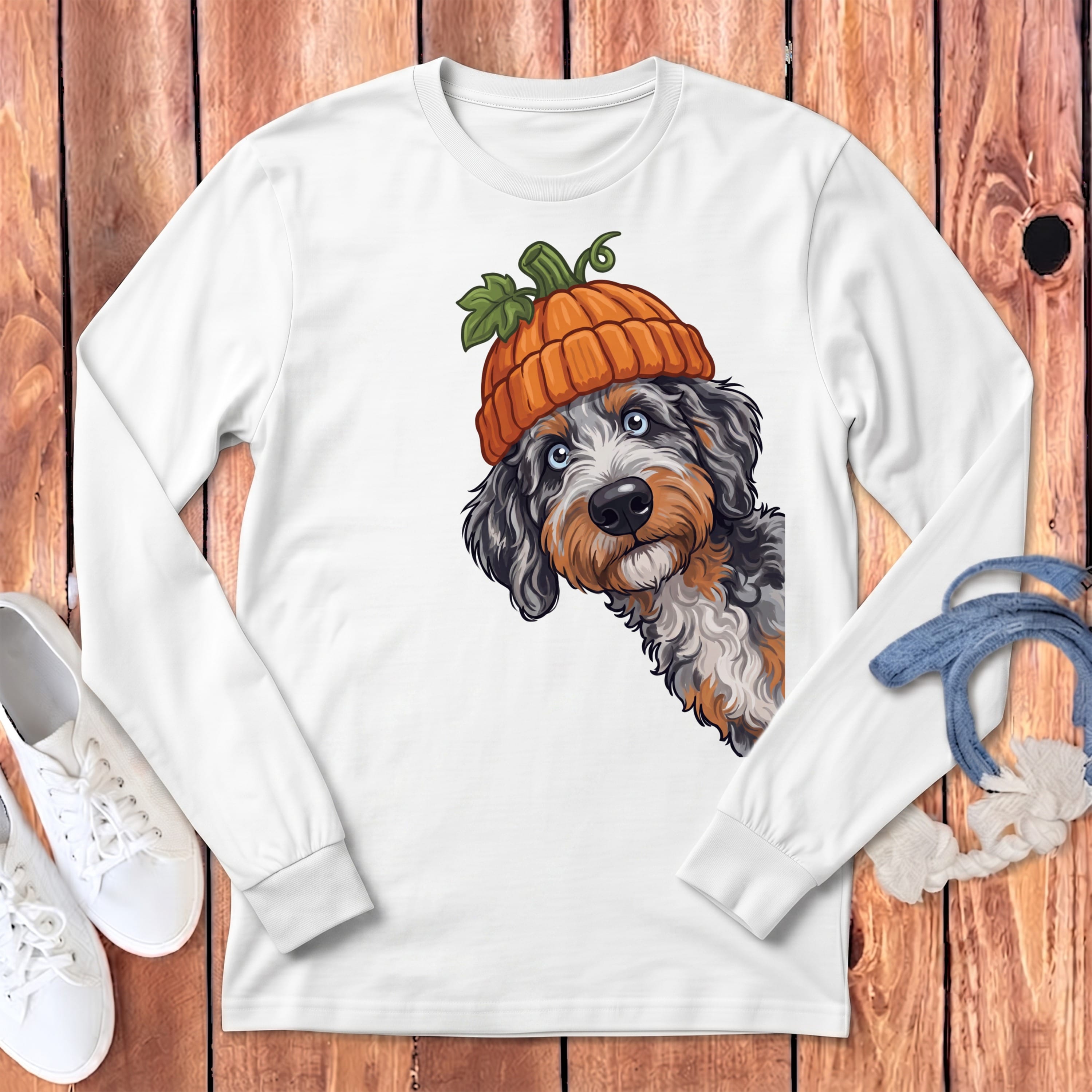 Lil Pumpkin Aussiedoodle Long Sleeve T-Shirt in White / S by Puppy Jo