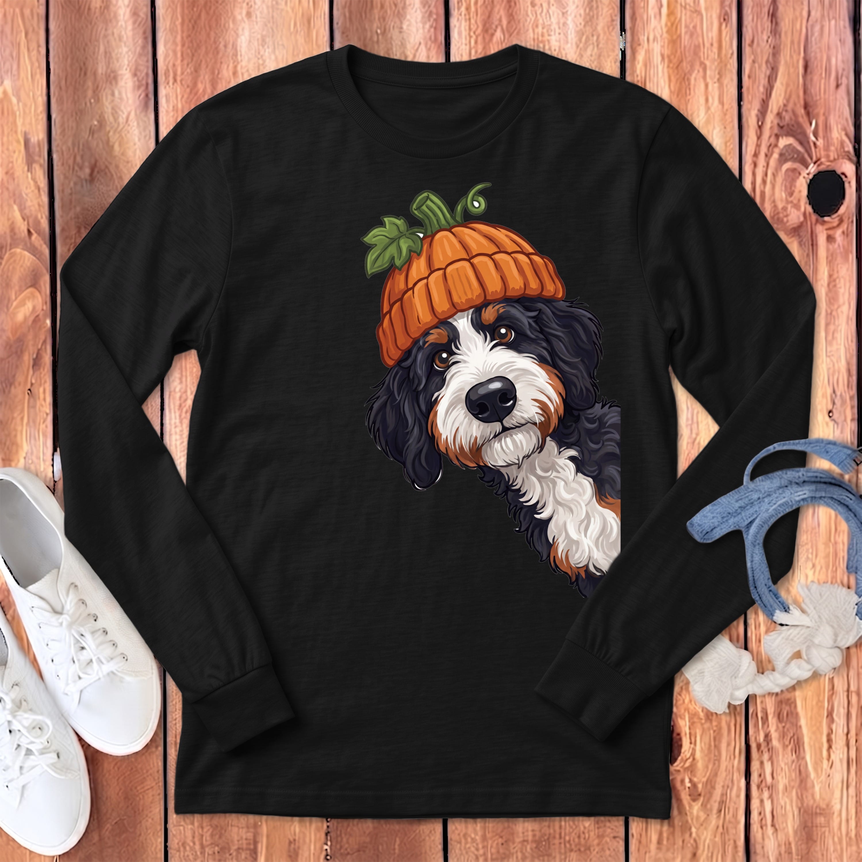 Lil Pumpkin Bernedoodle Long Sleeve T-Shirt in Dark Grey Heather / S by Puppy Jo