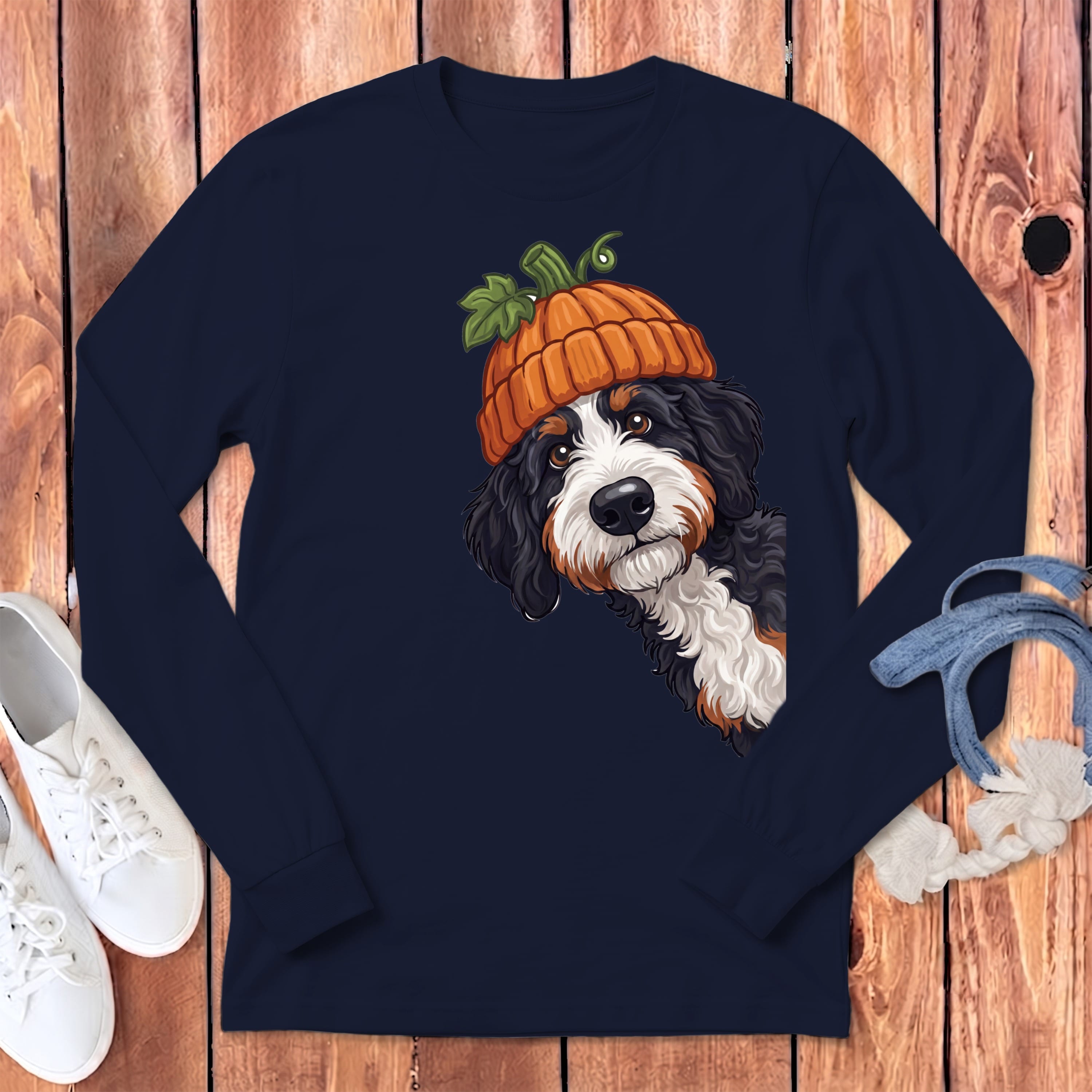 Lil Pumpkin Bernedoodle Long Sleeve T-Shirt in Navy / S by Puppy Jo