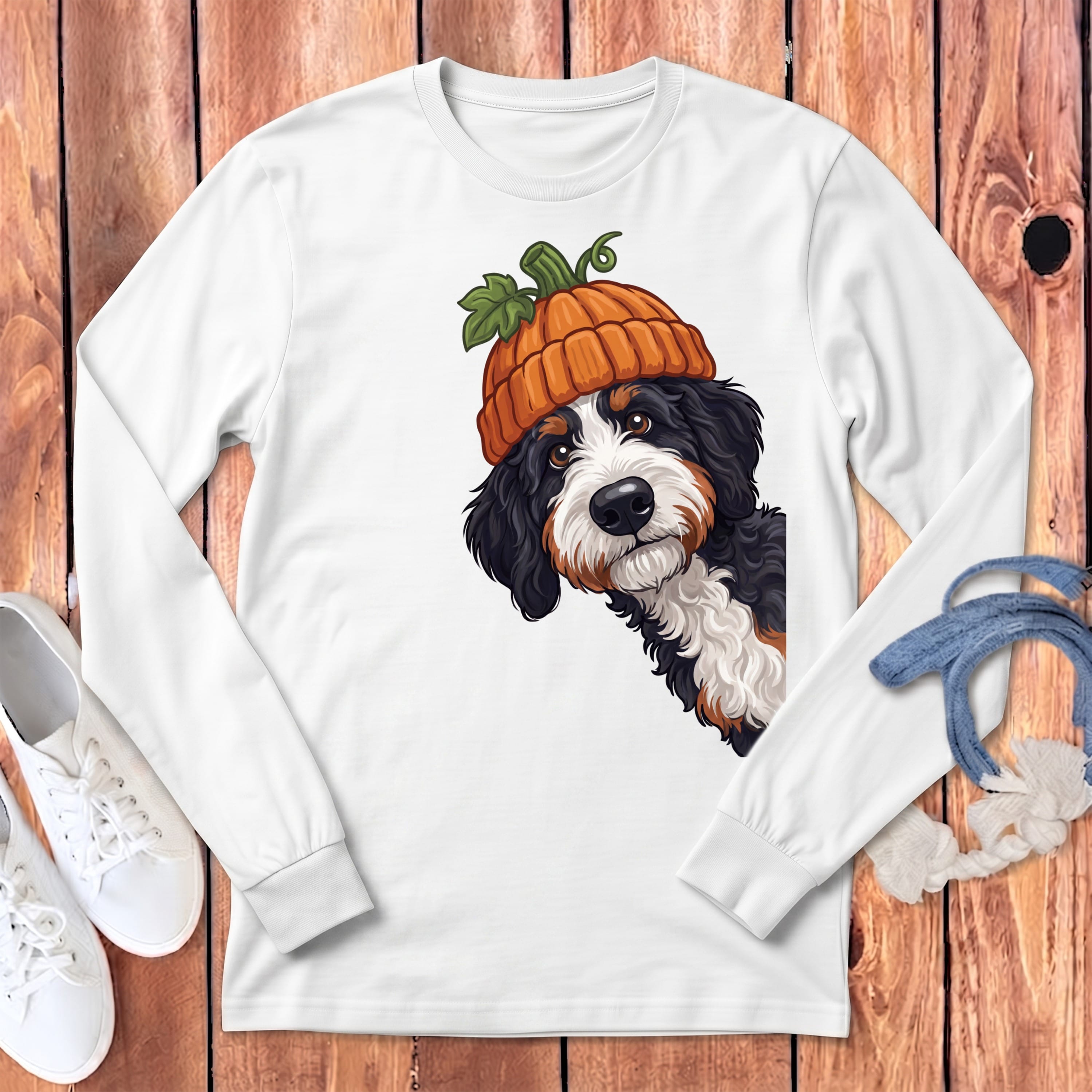 Lil Pumpkin Bernedoodle Long Sleeve T-Shirt in White / S by Puppy Jo