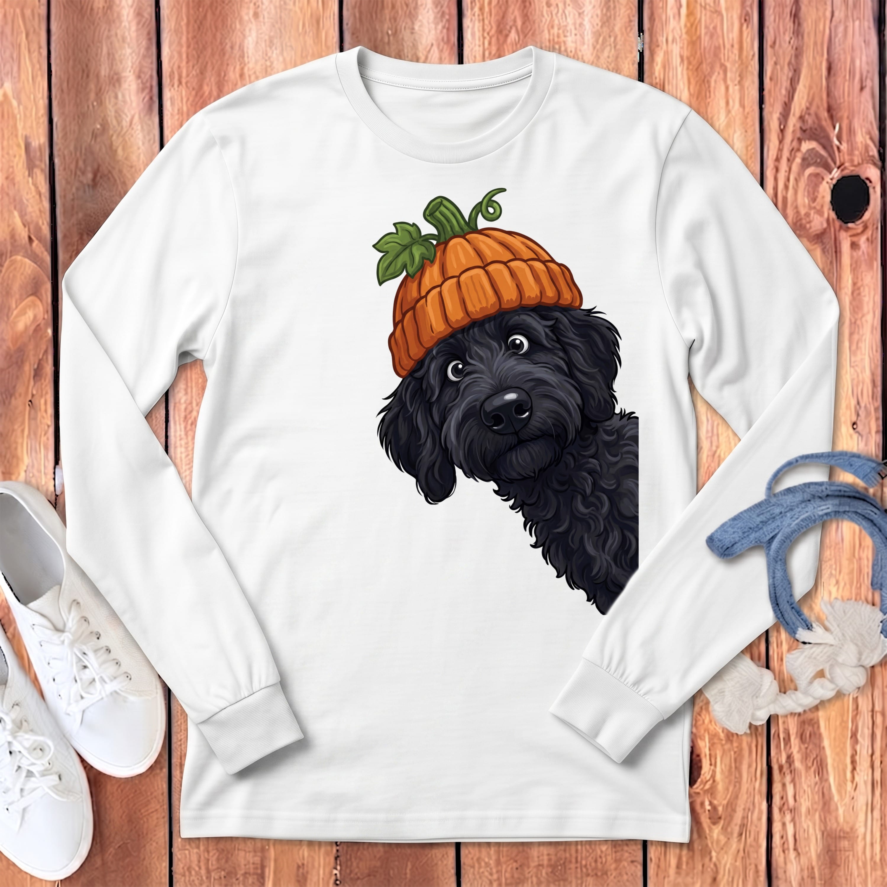 Lil Pumpkin Black Goldendoodle Long Sleeve T-Shirt in White / S by Puppy Jo